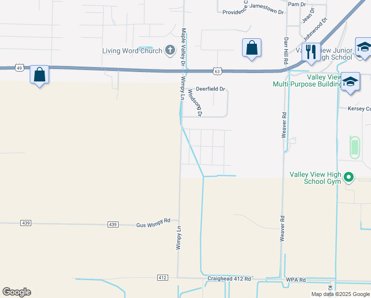 map of restaurants, bars, coffee shops, grocery stores, and more near Wimpy Lane in Jonesboro
