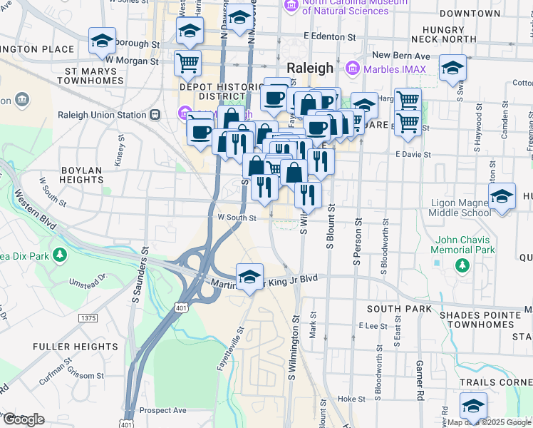 map of restaurants, bars, coffee shops, grocery stores, and more near 616 South Salisbury Street in Raleigh