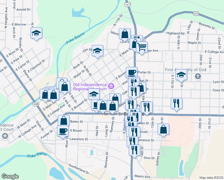 map of restaurants, bars, coffee shops, grocery stores, and more near 380 South 9th Street in Batesville