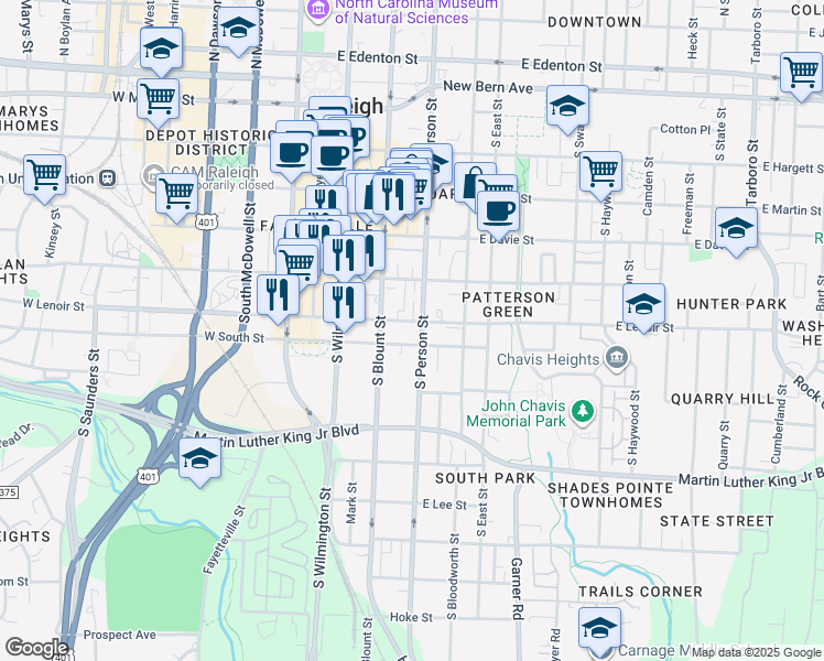 map of restaurants, bars, coffee shops, grocery stores, and more near 217 East South Street in Raleigh