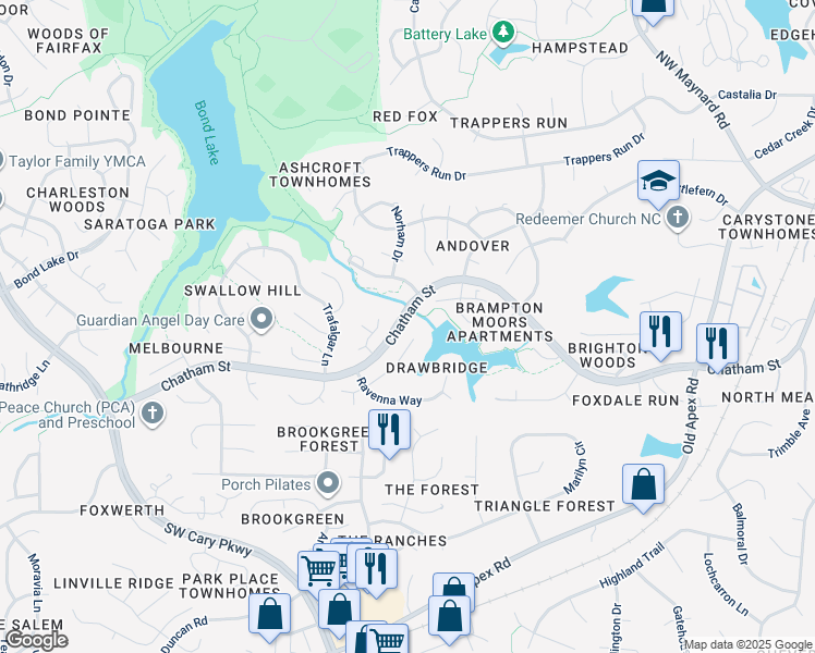 map of restaurants, bars, coffee shops, grocery stores, and more near 115 North Drawbridge Lane in Cary