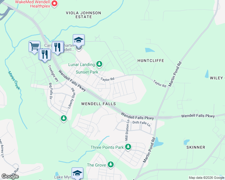 map of restaurants, bars, coffee shops, grocery stores, and more near 265 Daniel Ridge Road in Wendell