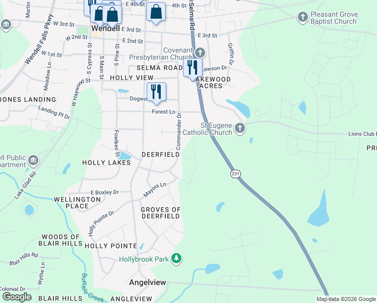 map of restaurants, bars, coffee shops, grocery stores, and more near 623 Commander Drive in Wendell