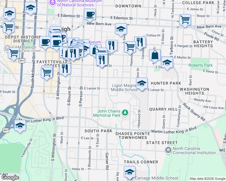 map of restaurants, bars, coffee shops, grocery stores, and more near 614 Wynne Street in Raleigh