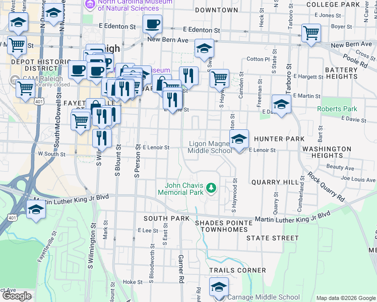 map of restaurants, bars, coffee shops, grocery stores, and more near in Raleigh