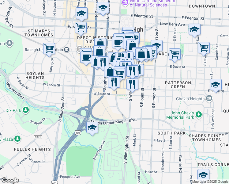 map of restaurants, bars, coffee shops, grocery stores, and more near in Raleigh