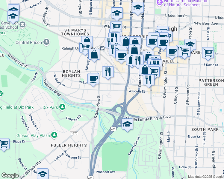 map of restaurants, bars, coffee shops, grocery stores, and more near in Raleigh