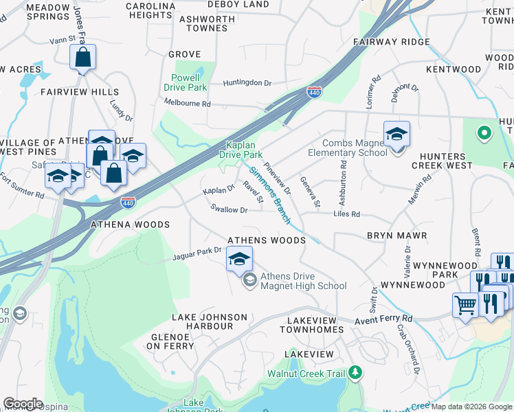map of restaurants, bars, coffee shops, grocery stores, and more near 1340 Swallow Drive in Raleigh