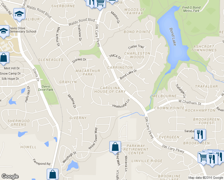 map of restaurants, bars, coffee shops, grocery stores, and more near 111 Mac Arthur Drive in Cary