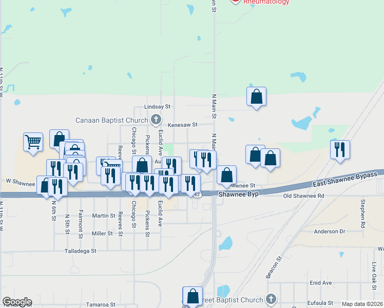 map of restaurants, bars, coffee shops, grocery stores, and more near 2113 North Main Street in Muskogee