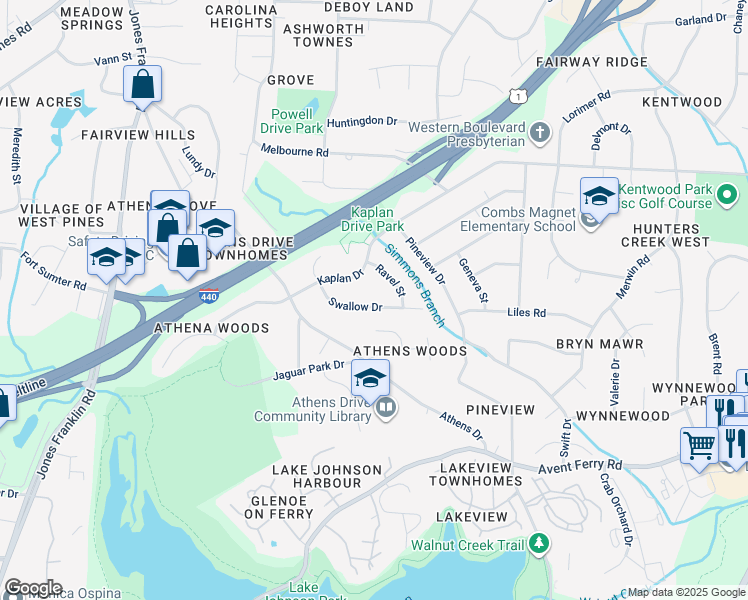 map of restaurants, bars, coffee shops, grocery stores, and more near 1329 Swallow Drive in Raleigh