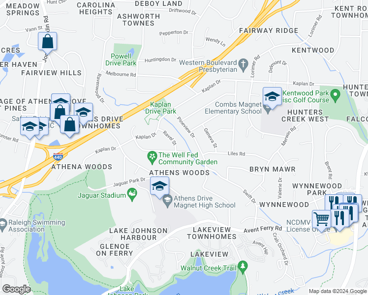 map of restaurants, bars, coffee shops, grocery stores, and more near 1405 Swallow Drive in Raleigh