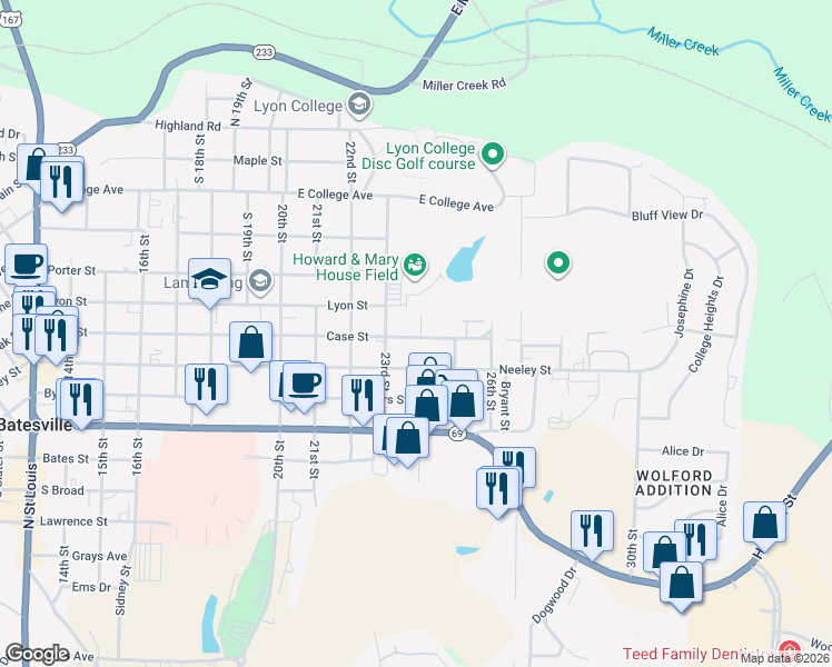 map of restaurants, bars, coffee shops, grocery stores, and more near 2400-2498 Case Street in Batesville