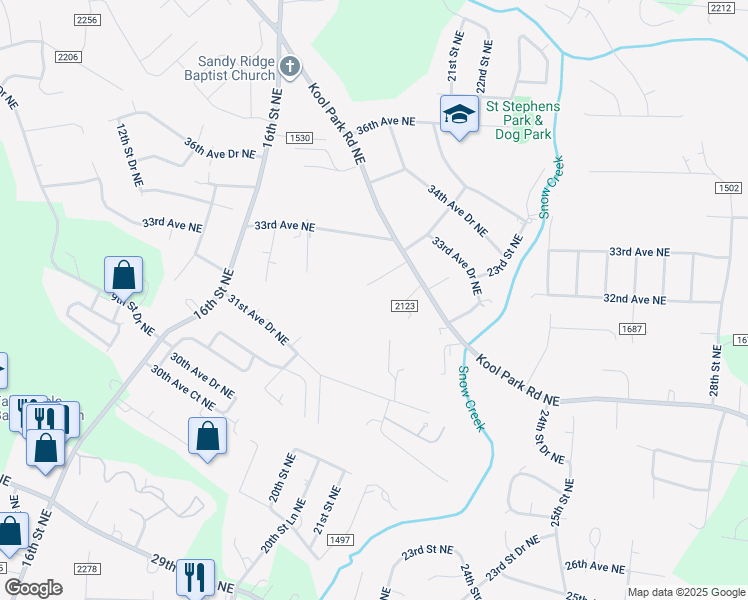map of restaurants, bars, coffee shops, grocery stores, and more near 2054 Kool Park Road Northeast in Hickory