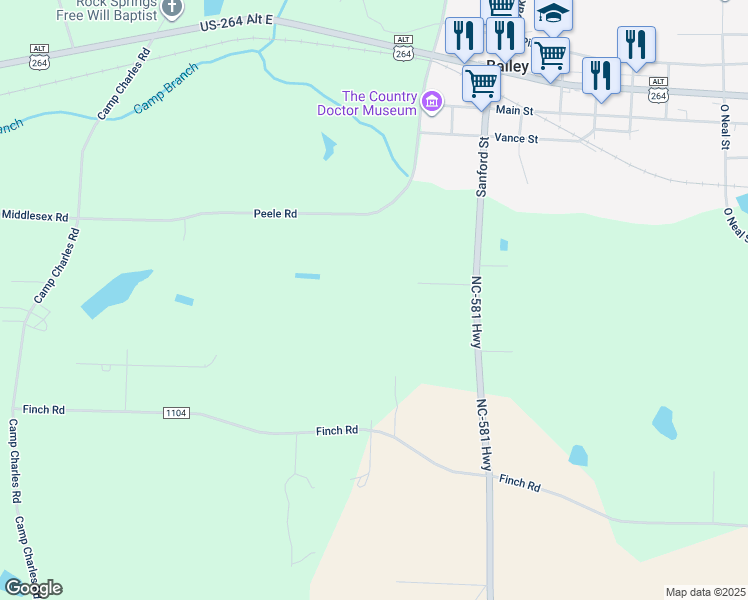 map of restaurants, bars, coffee shops, grocery stores, and more near Old Middlesex Road in Bailey