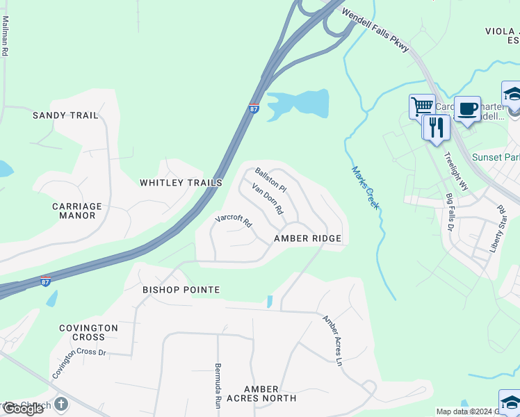 map of restaurants, bars, coffee shops, grocery stores, and more near 2236 Ballston Place in Knightdale