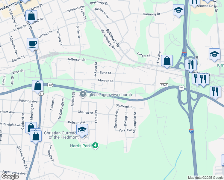 map of restaurants, bars, coffee shops, grocery stores, and more near 837 Opal Street in Statesville