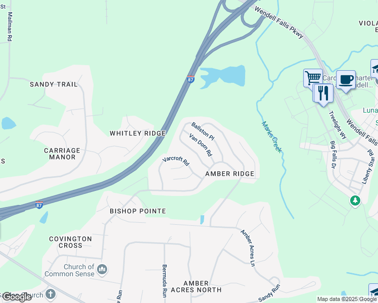 map of restaurants, bars, coffee shops, grocery stores, and more near 2232 Ballston Place in Knightdale
