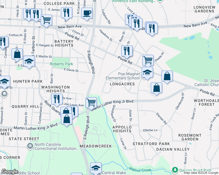 map of restaurants, bars, coffee shops, grocery stores, and more near 521 Lansing Street in Raleigh