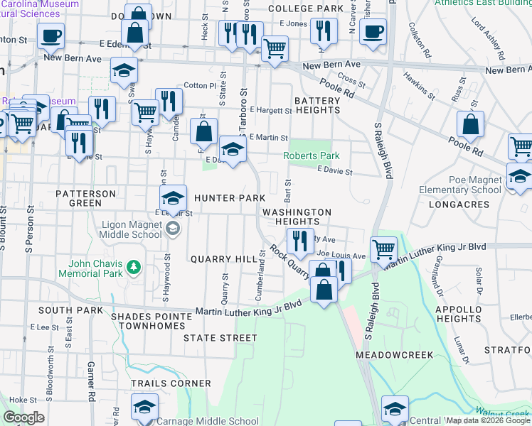 map of restaurants, bars, coffee shops, grocery stores, and more near 1214 East Lenoir Street in Raleigh