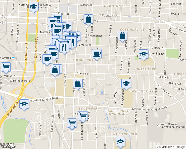 map of restaurants, bars, coffee shops, grocery stores, and more near in Raleigh