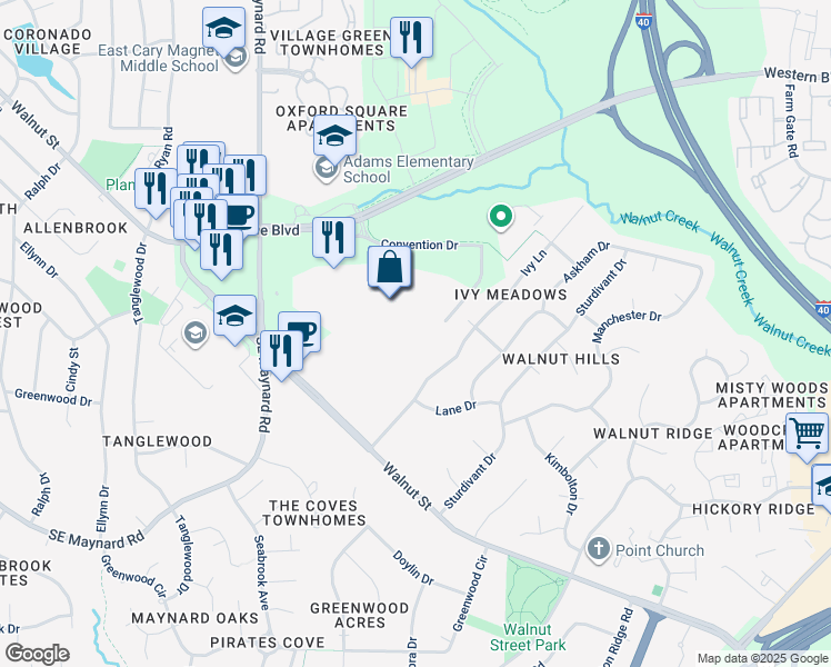 map of restaurants, bars, coffee shops, grocery stores, and more near 1105 Walnut Street in Cary