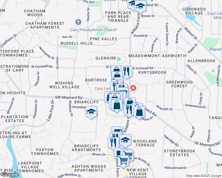 map of restaurants, bars, coffee shops, grocery stores, and more near 128 Southwest Maynard Road in Cary