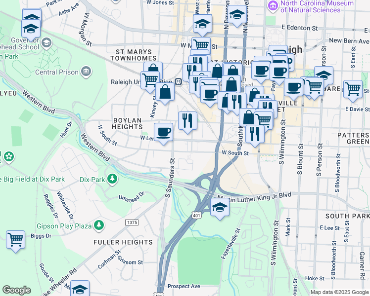 map of restaurants, bars, coffee shops, grocery stores, and more near in Raleigh