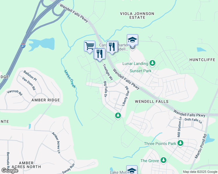 map of restaurants, bars, coffee shops, grocery stores, and more near 1010 Jet Lane in Wendell