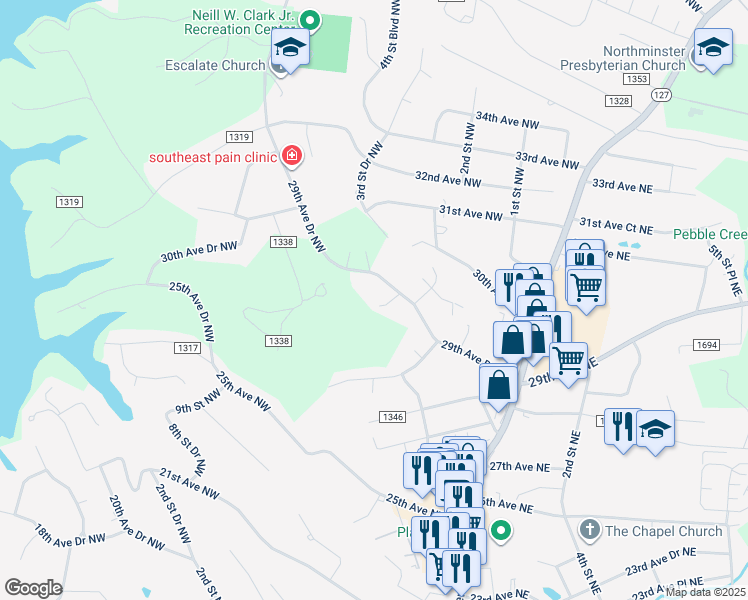 map of restaurants, bars, coffee shops, grocery stores, and more near 241 29th Avenue Drive Northwest in Hickory
