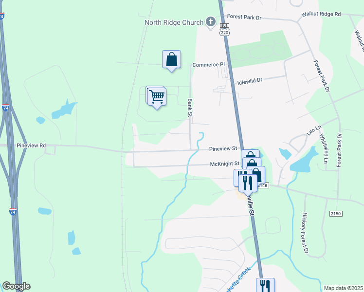 map of restaurants, bars, coffee shops, grocery stores, and more near 308 Pineview Street in Asheboro