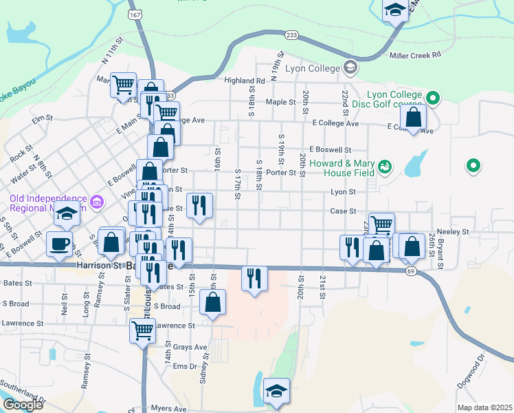 map of restaurants, bars, coffee shops, grocery stores, and more near 1850 Case Street in Batesville