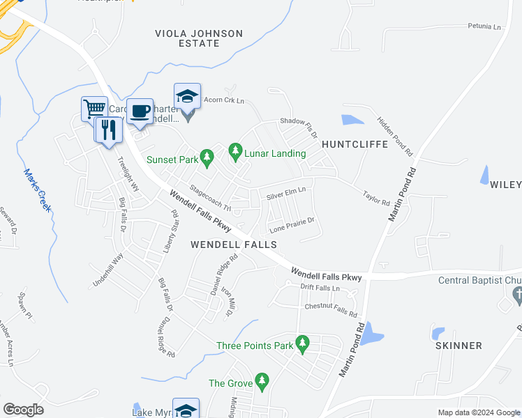 map of restaurants, bars, coffee shops, grocery stores, and more near 212 Daniel Ridge Road in Wendell