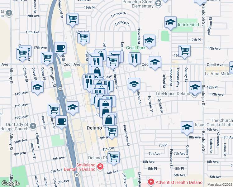 map of restaurants, bars, coffee shops, grocery stores, and more near 1217 Kensington Street in Delano