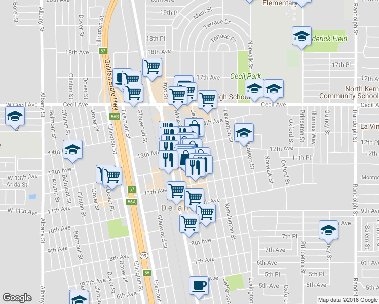map of restaurants, bars, coffee shops, grocery stores, and more near 1228 Main Street in Delano