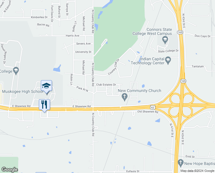 map of restaurants, bars, coffee shops, grocery stores, and more near 3623 Club Estates Drive in Muskogee