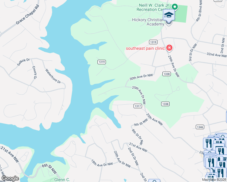 map of restaurants, bars, coffee shops, grocery stores, and more near 1035 25th Avenue Drive Northwest in Hickory