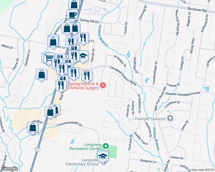map of restaurants, bars, coffee shops, grocery stores, and more near 4012 O'Hallorn Drive in Spring Hill