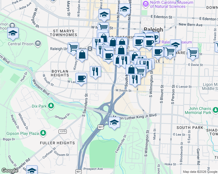 map of restaurants, bars, coffee shops, grocery stores, and more near 416 Dorothea Drive in Raleigh