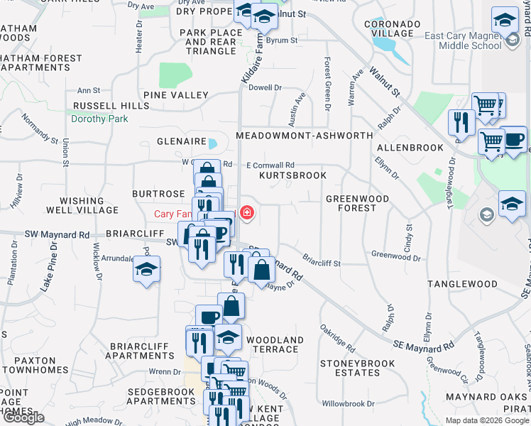 map of restaurants, bars, coffee shops, grocery stores, and more near 111 Kylie Savannah Court in Cary
