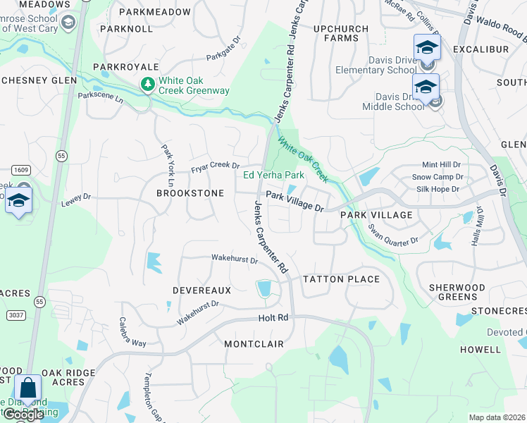 map of restaurants, bars, coffee shops, grocery stores, and more near 407 Brook Creek Drive in Cary