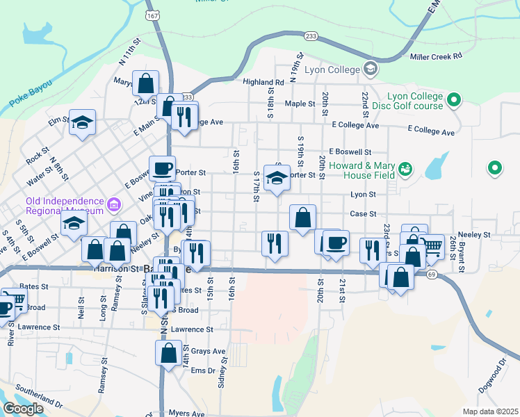 map of restaurants, bars, coffee shops, grocery stores, and more near 725 South 17th Street in Batesville