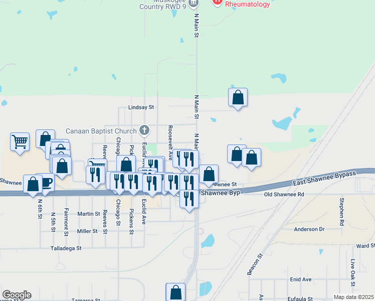 map of restaurants, bars, coffee shops, grocery stores, and more near 2113 North Main Street in Muskogee