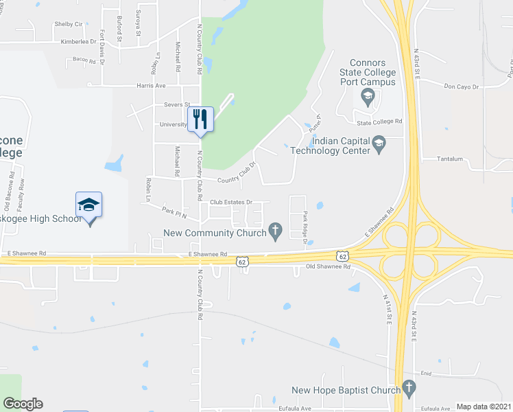 map of restaurants, bars, coffee shops, grocery stores, and more near 3717 Club Estates Drive in Muskogee