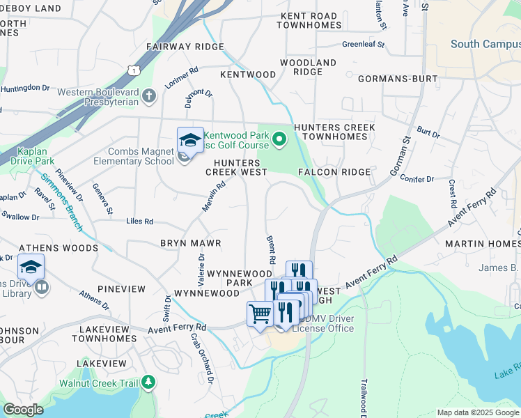 map of restaurants, bars, coffee shops, grocery stores, and more near 616 Brent Road in Raleigh