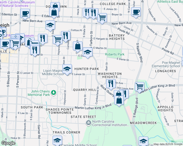 map of restaurants, bars, coffee shops, grocery stores, and more near 602 Coleman Street in Raleigh