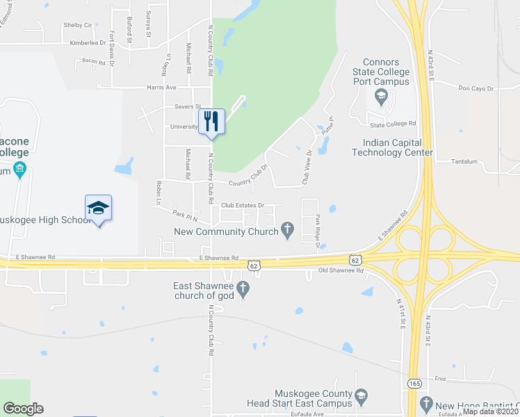 map of restaurants, bars, coffee shops, grocery stores, and more near 3703 Club Estates Drive in Muskogee