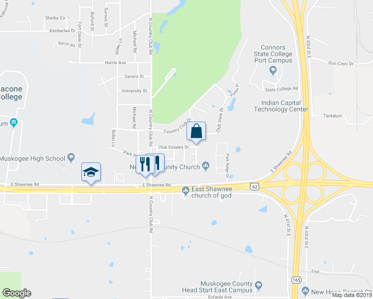 map of restaurants, bars, coffee shops, grocery stores, and more near 3713 Club Estates Drive in Muskogee