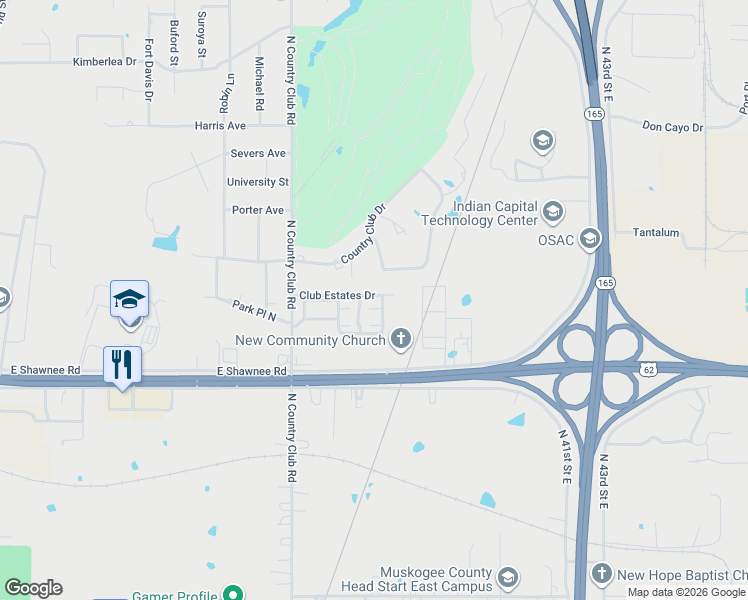 map of restaurants, bars, coffee shops, grocery stores, and more near 3729 Club Estates Drive in Muskogee