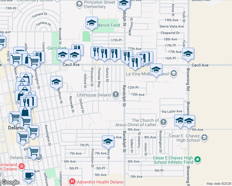 map of restaurants, bars, coffee shops, grocery stores, and more near 1725 11th Avenue in Delano